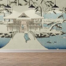 Jitterbug’s wallpaper mural of Utagawa Hiroshige's block print of Snow at Benzaiten Shrine in Inokashira Pond (Inokashira no ike Benzaiten no yashiro yuki no kei) hangs on the wall.