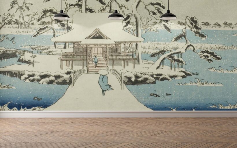 Jitterbug’s wallpaper mural of Utagawa Hiroshige's block print of Snow at Benzaiten Shrine in Inokashira Pond (Inokashira no ike Benzaiten no yashiro yuki no kei) hangs on the wall.
