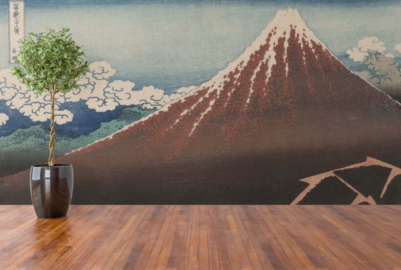 MHO-100 with plant Jitterbug's wallpaper mural of Katsushika Hokusai's block print, Shower Below the Summit (Sanka hakuu), hangs on the wall of a large room.