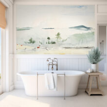 A Jitterbug wallpaper mural of Landscape with a deer in a morning haze by Winslow Homer hangs on a wall