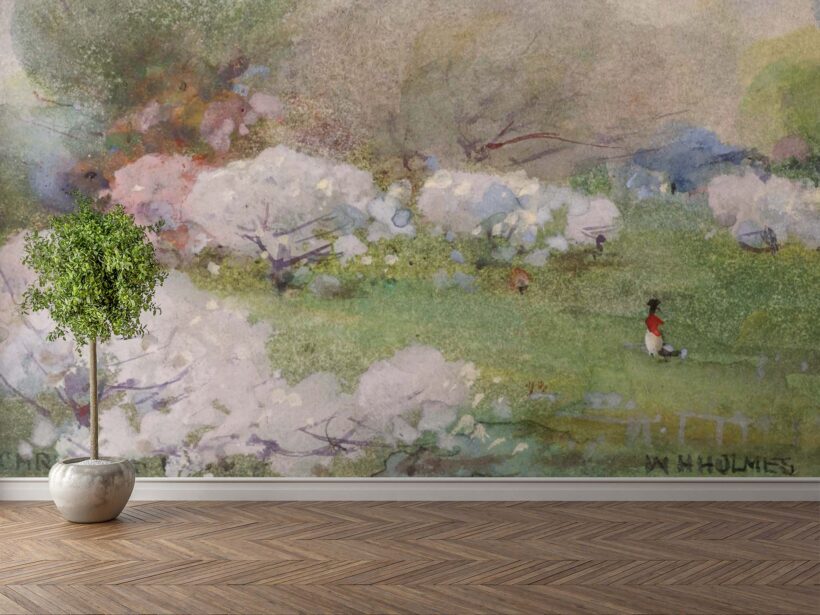 Jitterbug’s wallpaper mural of Cherry Blossoms by William Henry Holmes hangs on a wall.