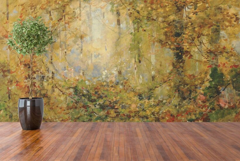 Jitterbug's walllpaper mural of William Henry Holme's painting, Autumn Tangle hangs on a wall.