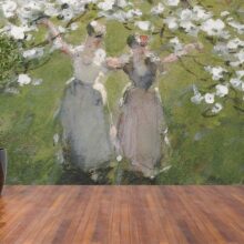 Jitterbug's wallpaper mural of William Henry Holme's painting, Blossoms, hangs on a wall.