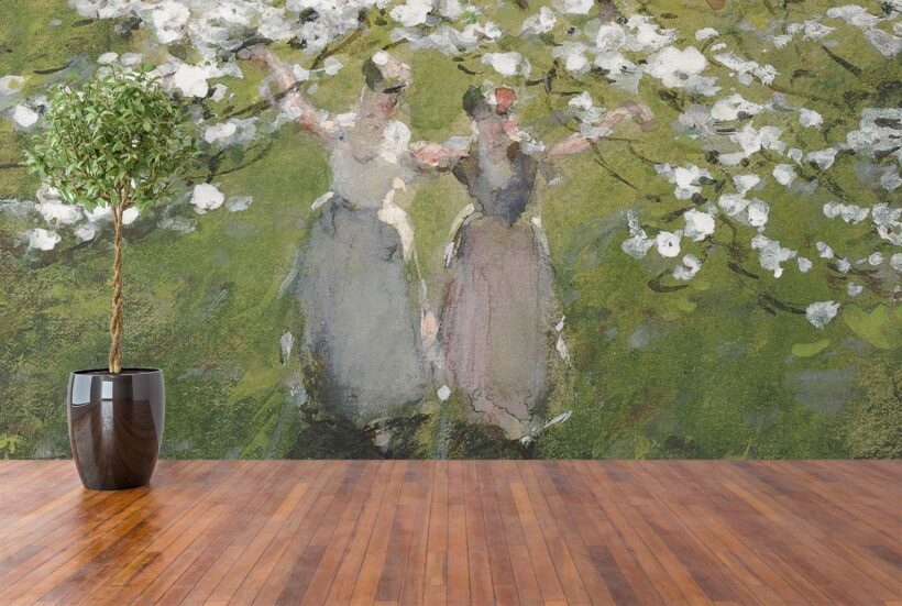Jitterbug's wallpaper mural of William Henry Holme's painting, Blossoms, hangs on a wall.