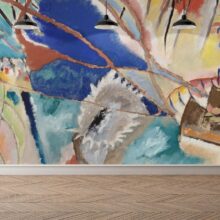 Jitterbug's wallpaper mural of Vasily Kandinsky's painting, Improvisation No. 30 (Cannons), hangs on a wall.
