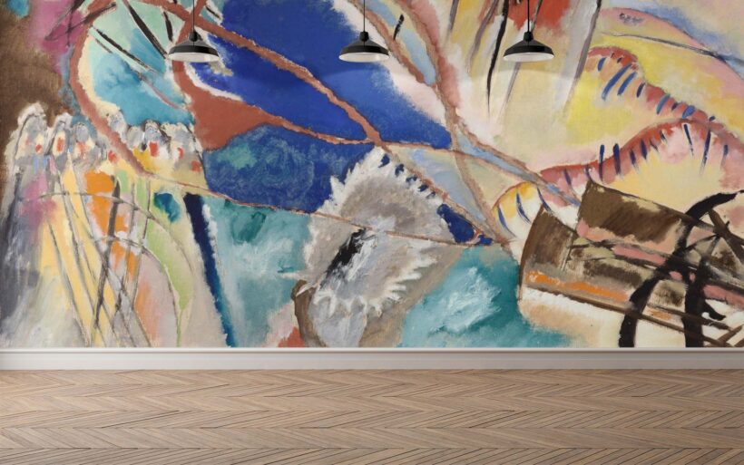 Jitterbug's wallpaper mural of Vasily Kandinsky's painting, Improvisation No. 30 (Cannons), hangs on a wall.