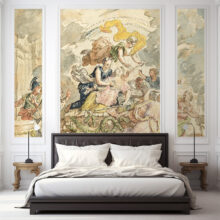 Jitterbug wallpaper mural of Death of Dido by the School of Gerard Lairesse hangs in a bedroom as a triptych.