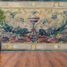 Jitterbug's wallpaper mural of Alice Cordelia Morse's drawing Design for Stained Glass hangs on a wall.