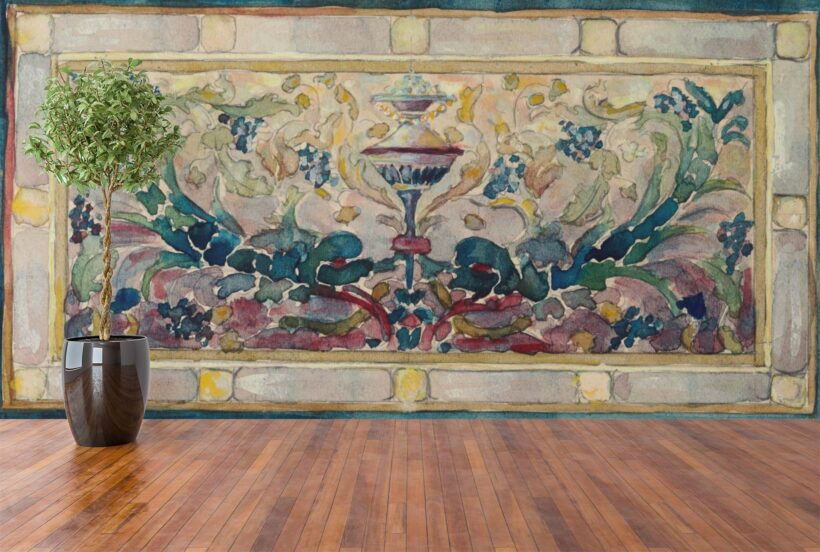 Jitterbug's wallpaper mural of Alice Cordelia Morse's drawing Design for Stained Glass hangs on a wall.