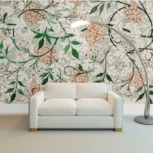 Jitterbug wallpaper mural of William Morris’ design, Jasmine Pattern hangs on the wall.
