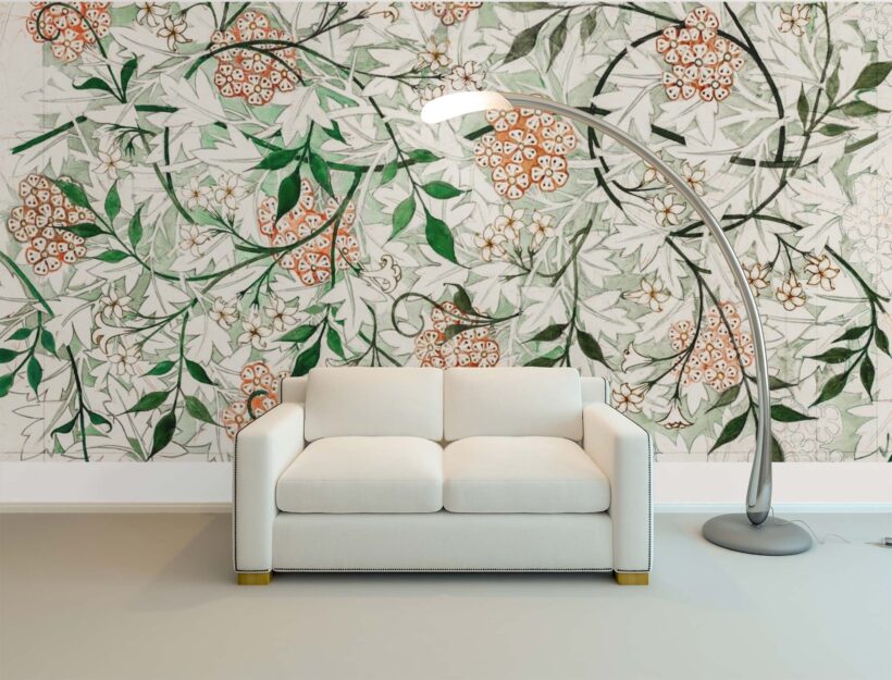 Jitterbug wallpaper mural of William Morris’ design, Jasmine Pattern hangs on the wall.