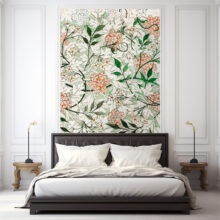 Jitterbug wallpaper mural of William Morris’ design, Jasmine Pattern hangs on the wall of a bedroom.