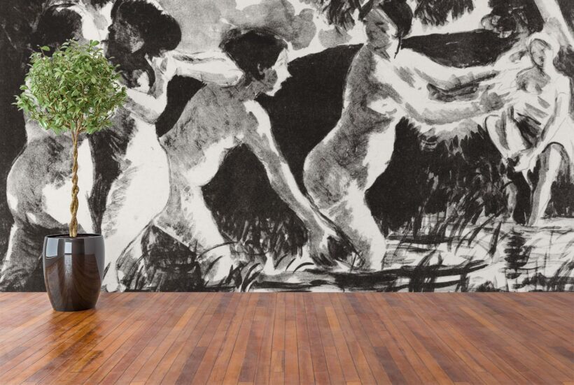 Jitterbug wallpaper mural of Camille Pissarro's painting Bathers Wrestling (Baigneuses luttants) hangs on the wall.