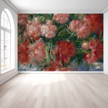 Jitterbug wallpaper mural of Pierre-Auguste Renoir's Peonies hangs on a wall.