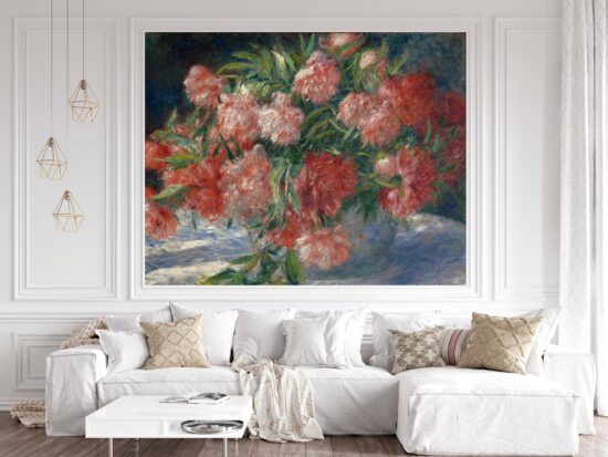 Jitterbug wallpaper mural of Pierre-Auguste Renoir's Peonies hangs on a wall.