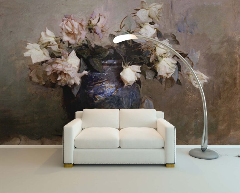 Jitterbug's wallpaper mural of Abbot Handerson Thayer's painting, Roses, hangs on the wall.