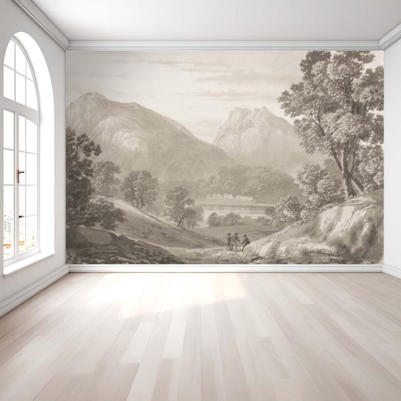 JItterbug's wallpaper mural of the black and white version of Landscape by M. Thornicraft