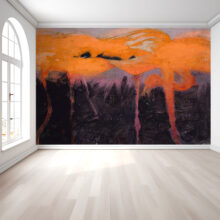 A Jitterbug wallpaper mural of Red Flamingoes by Abbot Handerson Thayer hangs on a wall