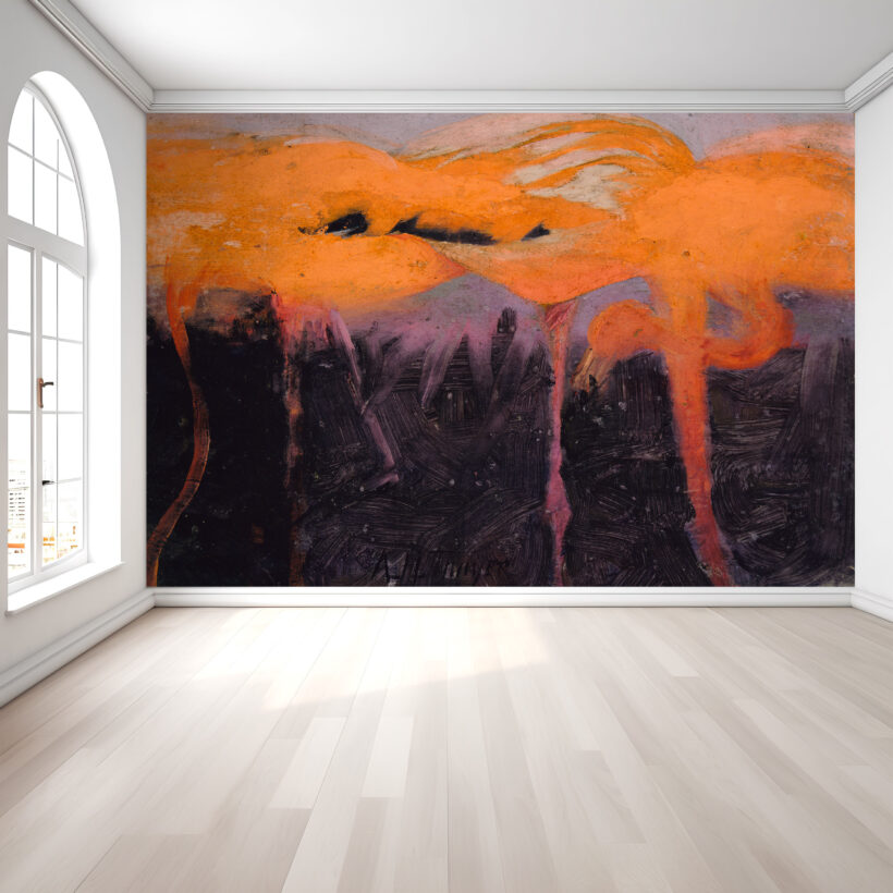 A Jitterbug wallpaper mural of Red Flamingoes by Abbot Handerson Thayer hangs on a wall