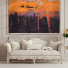 A Jitterbug wallpaper mural of Red Flamingoes by Abbot Handerson Thayer hangs on a wall.