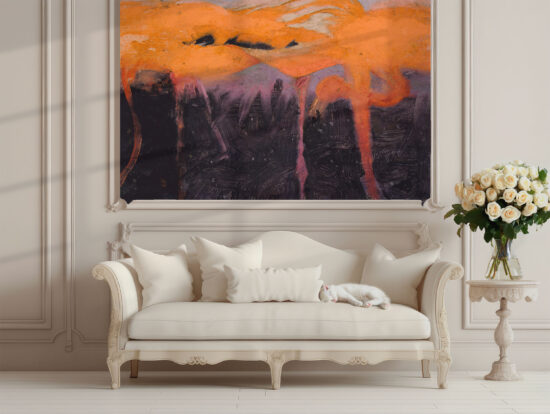 A Jitterbug wallpaper mural of Red Flamingoes by Abbot Handerson Thayer hangs on a wall.