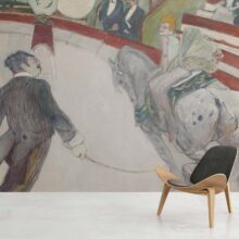 Jitterbug's wallpaper mural of Henri de Toulouse-Lautrec's painting, Equestrienne (At the Cirque Fernando), hangs on the wall.