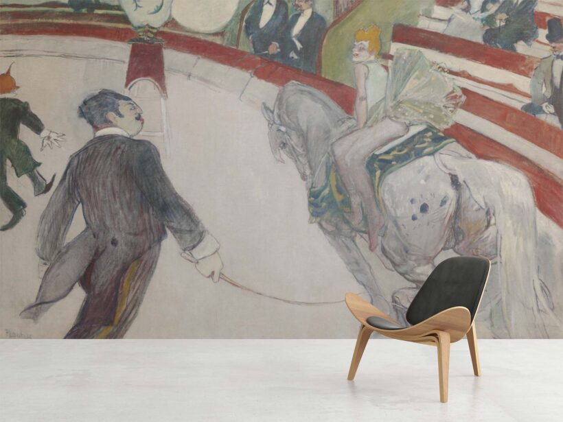 Jitterbug's wallpaper mural of Henri de Toulouse-Lautrec's painting, Equestrienne (At the Cirque Fernando), hangs on the wall.