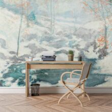 Jitterbug's wallpaper mural of John Henry Twachtman's painting, Icebound, hangs on the wall.