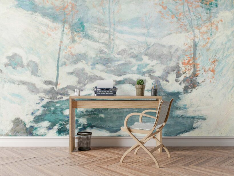 Jitterbug's wallpaper mural of John Henry Twachtman's painting, Icebound, hangs on the wall.