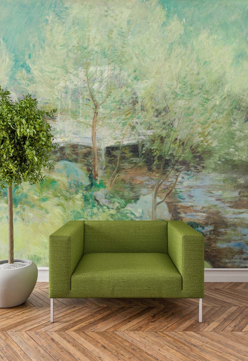 Jitterbug's wallpaper mural of John Henry Twachtman's painting, White Bridge, hangs on the wall of a white living area.