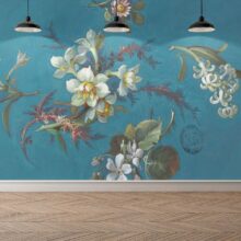 MUN-107 full wall Jitterbug's wallpaper mural of William Henry Holme's painting, Blossoms, hangs on a wall.