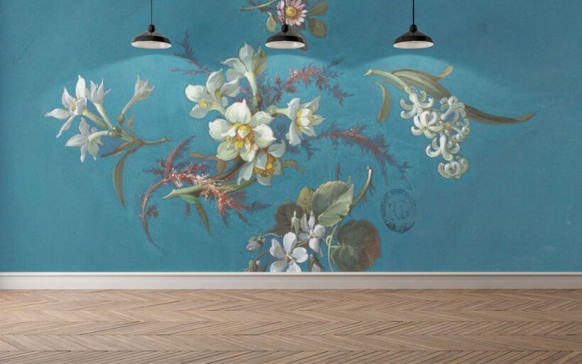 MUN-107 full wall Jitterbug's wallpaper mural of William Henry Holme's painting, Blossoms, hangs on a wall.