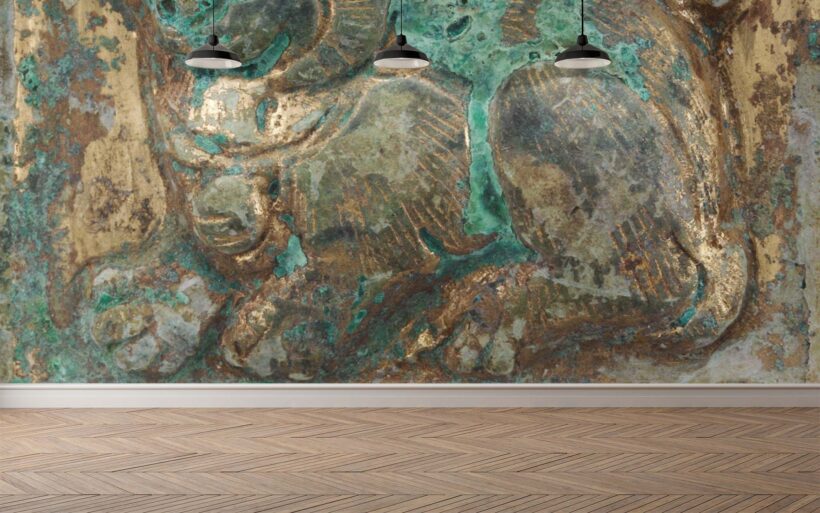 Jitterbug’s wallpaper mural of 10th c. Chinese bronze belt ornament hangs on a wall.