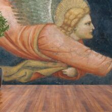 Jitterbug’s wallpaper mural of 14th century Fresco of flying angel hangs on the wall.