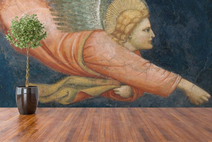 Jitterbug’s wallpaper mural of 14th century Fresco of flying angel hangs on the wall.