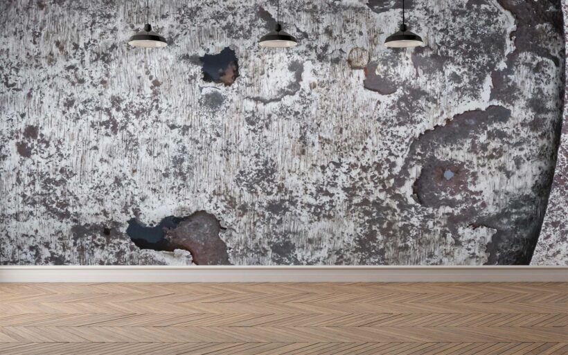 Jitterbug’s wallpaper mural of Medieval Armor 15th c. Italy hangs on a wall.