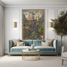 Jitterbug wallpaper mural of 1607 Bible Cover hangs on the wall of a living room.