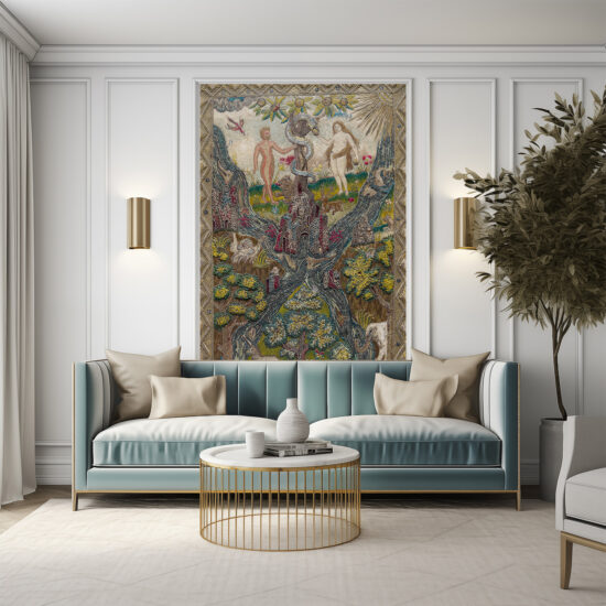 Jitterbug wallpaper mural of 1607 Bible Cover hangs on the wall of a living room.