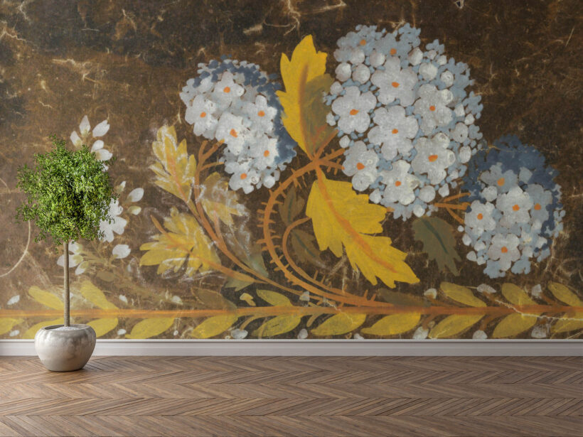 Jitterbug’s wallpaper mural Laurel Strm by an unknown artist hangs on the wall.