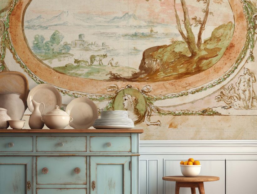 A Jitterbug wallpaper mural of Design for an overdoor by an unknown artist hangs on a Wall