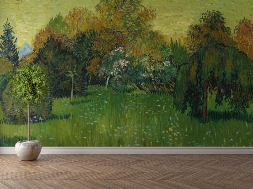 Jitterbug’s wall paper mural of Vincent van Gogh's painting, The Poet's Garden hangs on the wall.