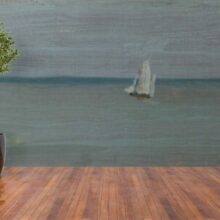 Jitterbug’s wallpaper mural of James McNeill Whistler painting, Coast Scene, Bathers hangs on a wall.