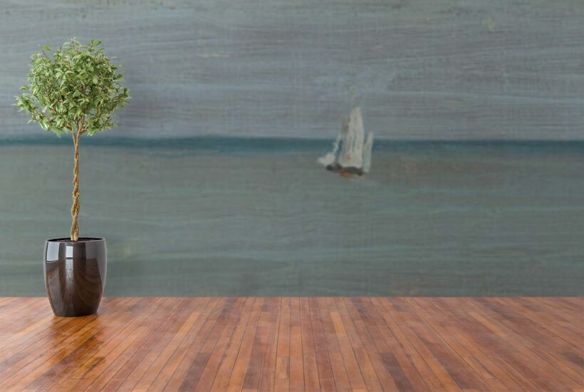 Jitterbug’s wallpaper mural of James McNeill Whistler painting, Coast Scene, Bathers hangs on a wall.