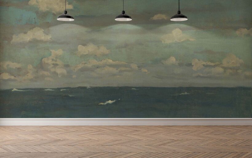 Sitting area with a white chair next to a window. Jitterbug's wallpaper mural of James McNeill Whistler's painting, Violet and Silver - The Deep Sea hangs on the wall.