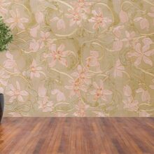 A Jitterbug wallpaper mural of Tulips by Candace Wheeler hangs on the wall.