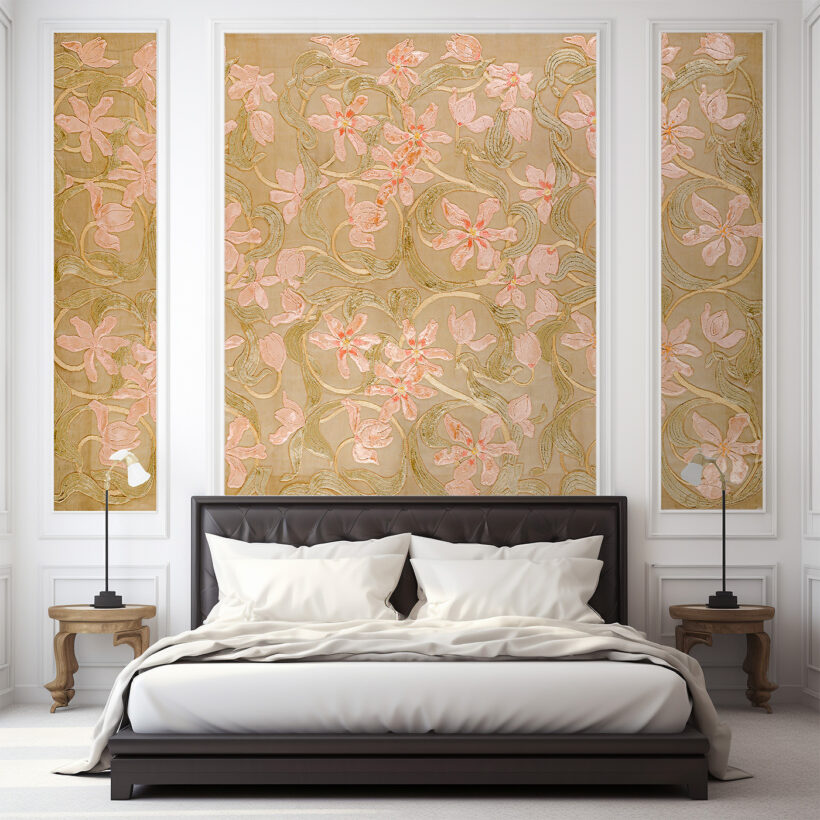 A Jitterbug wallpaper mural of Tulips by Candace Wheeler hangs on a bedroom wall