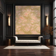 A Jitterbug wallpaper mural of Tulips by Candace Wheeler hangs on the wall of a black foyer.