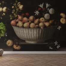 Jitterbug's wallpaper mural of Juan de Zurbarán's painting, Flowers and Fruit in a Chinese Bowl, hangs on the wall.