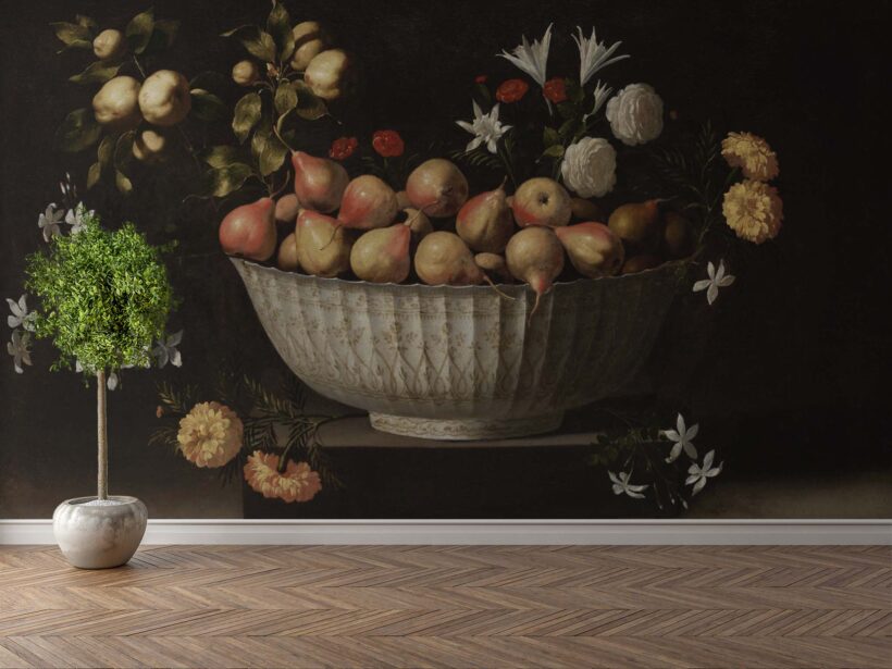 Jitterbug's wallpaper mural of Juan de Zurbarán's painting, Flowers and Fruit in a Chinese Bowl, hangs on the wall.